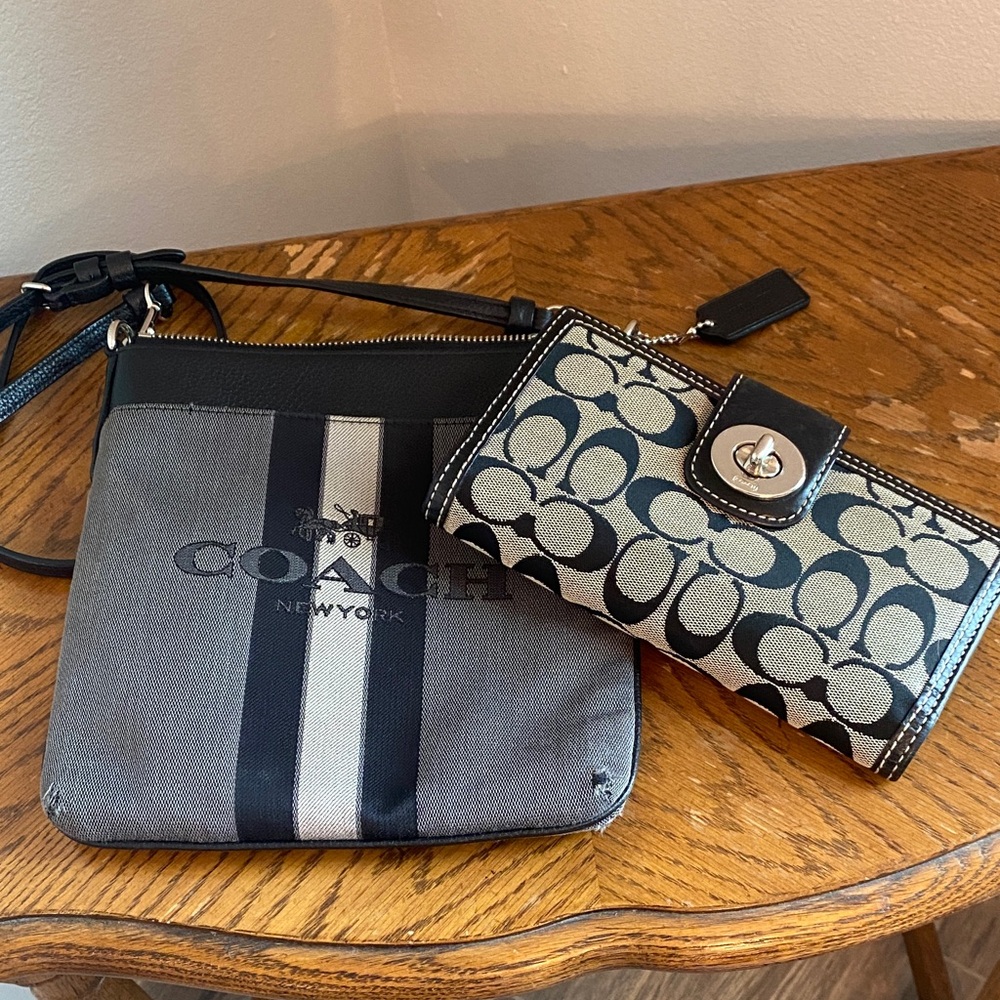 Coach Black and Gray Stripe Crossbody Bag with Wallet